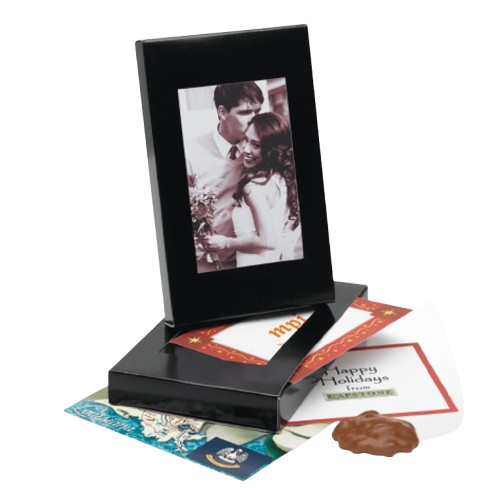Lammes Candies Pecan Chocolate Caramel Candies Personalized Post Card Box with a sleek black frame, custom cards, and a delectable treat.