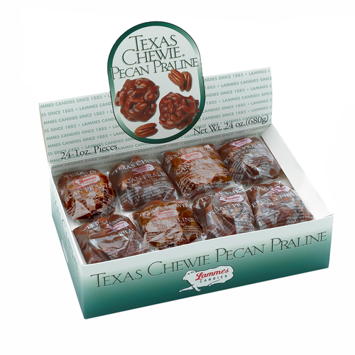Lammes Texas Chewie® Pecan Pralines Counter Box featuring individually wrapped pralines in a display-ready package.