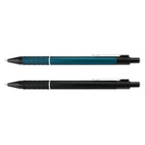Two metal pens are displayed: one in teal with a textured grip and one in sleek black, both featuring clips and branding.