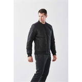 A men's black thermal jacket with a quilted design, featuring a logo and side pockets.