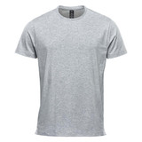 A grey short sleeve tee with a round neckline and a logo on the label. Suitable for casual wear.