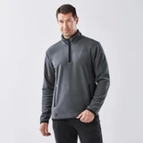 A dark grey men's fleece jumper featuring a quarter zip and a logo on the front.