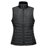 A women's black quilted vest with a high neck and zipper front, featuring a logo on the lower side.