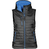 A black women's thermal vest with a blue inner lining and zippered pockets. Features a hood and logo.