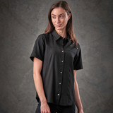 A black women's button-up shirt featuring short sleeves and a logo. Designed for quick drying.