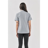 A women's button-up shirt in light grey, featuring short sleeves and a subtle logo on the back.
