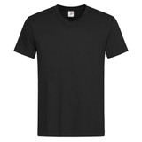 A black Men's Classic-T V-neck t-shirt featuring a short sleeve design. Includes a logo on the neckline.