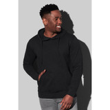 A black men's hooded sweatshirt with a front pocket, worn by a smiling man. The sweatshirt has a hood and a casual fit.