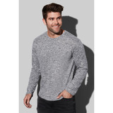 A grey knitted jumper for men, featuring a round neckline and long sleeves, with a subtle texture.