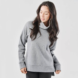 A grey cowl neck pullover with long sleeves and a relaxed fit, featuring a subtle logo.