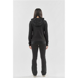 A black women's pullover hoody with a hood, featured on a model viewed from the back, paired with black pants. A black women's pullover hoody with a hood, featured on a model viewed from the back, paired with black pants.
