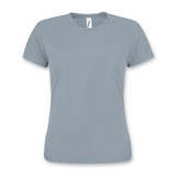 A grey sporty women's T-shirt with a round neckline and short sleeves, featuring a small logo.