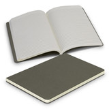 A recycled cotton soft cover notebook with a grey exterior and lined pages, opened to display its interior.