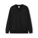 A black unisex V-neck fleece jumper with long sleeves and ribbed cuffs, featuring a branding tag.