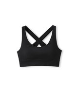A black crop top with a criss-cross strap design and a fitted silhouette. It features a logo on the fabric.