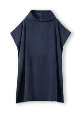 A navy hooded towel made from 380gsm polyester/nylon with a kangaroo pocket, featuring a logo.