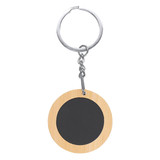 A round bamboo keyring with a silver metal keychain, featuring a blank black centre.