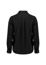 A black long sleeve shirt with a collar and buttoned cuffs, featuring a pleated back design.