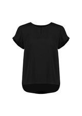 A black short sleeve blouse with a round neckline and rolled sleeves, featuring a slight drop hem and a logo.