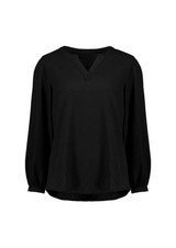 A black women's long sleeve blouse with a V-neck and gathered sleeves, featuring a subtle logo.