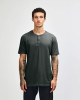 A unisex Henley T-shirt in a dark grey colour with a three-button placket and short sleeves. It features a logo.