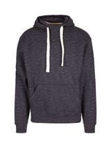 A dark grey brushed heavy fleece hoodie with a front pocket and white drawstrings. It features a logo.
