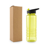 A drink bottle in bright yellow with a black lid and straw, accompanied by a brown cardboard box.