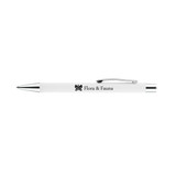 A white aluminium pen with a silver clip and a logo. The pen features a sleek design suitable for writing.