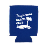 A blue stubby holder featuring a palm tree design and a logo. Ideal for keeping drinks cool.