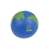 A spherical stress ball featuring blue and green colours, designed as a world globe. It has a logo on one side.