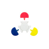 A set of four spinner highlighters in red, blue, yellow, and a central white holder. A set of four spinner highlighters in red, blue, yellow, and a central white holder.