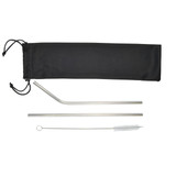 A drink bottle accessory set featuring two stainless steel straws, a cleaning brush, and a black carrying pouch.