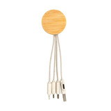 A round bamboo charging cable with multiple connectors and a white cord, featuring a circular bamboo base.