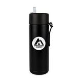 A drink bottle featuring a sleek black design with a logo and a straw lid. It holds 600ml.