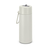 A drink bottle in light grey, featuring a lid and a handle, with a logo on the side. Holds 600ml.