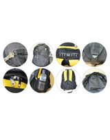 A black and yellow Climber Backpack featuring multiple pockets, straps, a drink bottle, and a logo.
