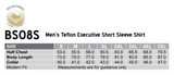 A size chart for the Men’s Teflon Executive Short Sleeve Shirt, detailing measurements for various sizes.