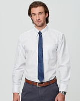 A white striped button-up shirt with long sleeves, featuring a chest pocket and paired with a blue tie.