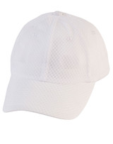 A white athletic mesh cap featuring a curved brim and a logo, suitable for casual wear or sports activities.