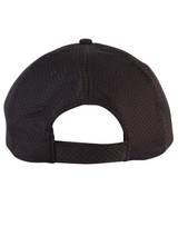 A black athletic mesh cap featuring a rear adjustable strap and a logo on the back.