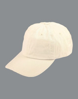 A washed beige polo sandwich cap with an adjustable back and a logo.