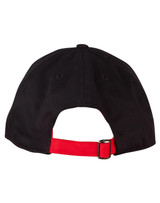 A black cap with a red adjustable strap at the back, featuring a logo on the side.