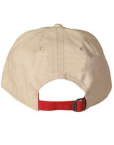 A beige cap with a red strap at the back and a logo.