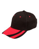 A black cap with a red peak and red stripes, featuring a logo on the front. Suitable for headwear promotions.