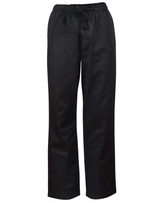 Black chef's pants featuring a relaxed fit and elastic waistband. Includes a logo.