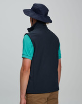 A navy surf hat with a clip-on chin strap, worn by a person in a green shirt and navy vest.