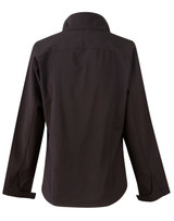A black softshell jacket with a high collar and long sleeves, featuring a branding logo on the back.