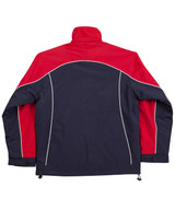 A reversible jacket featuring a navy blue body with red sleeves and contrast piping, and a logo on the design.