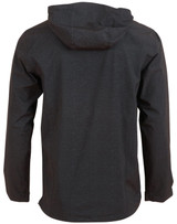 A dark grey men's waterproof performance jacket with a hood, featuring a logo on the back.