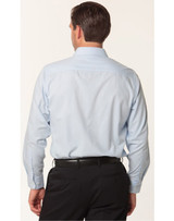 A long sleeve men's button-up shirt in light blue herringbone pattern, featuring a branded logo.